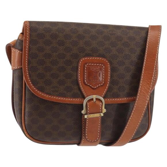 CELINE Macadam Canvas Shoulder Bag Pvc Leather Brown Gold - Picture 1 of 13